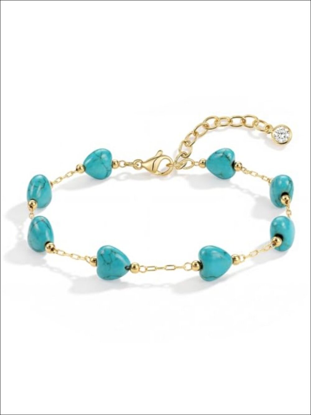 14K Gold Plated Brass Turquoise Heart Beaded Chain Bracelet for Women